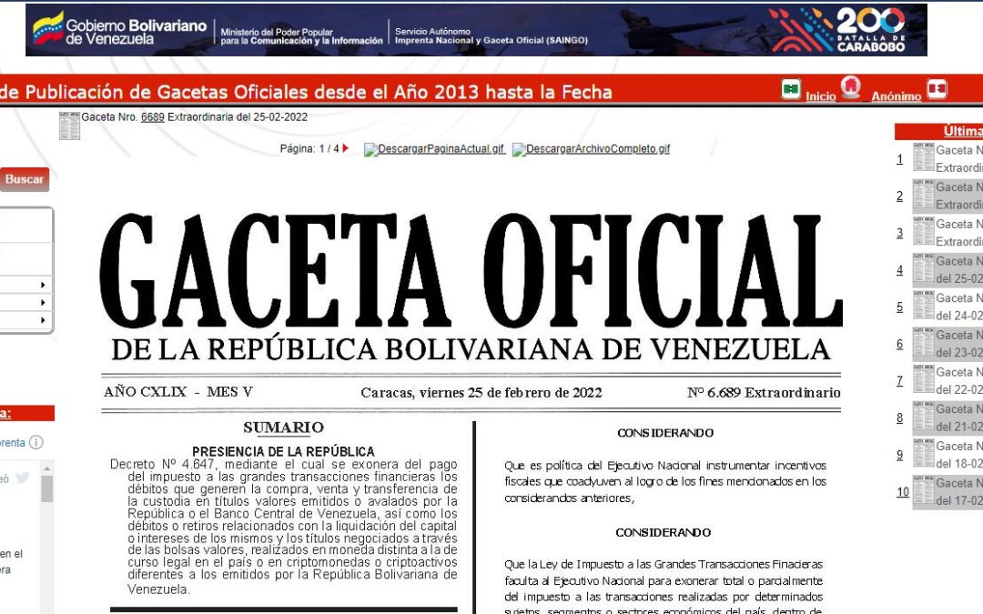 Publican en Gaceta Oficial exoneración en pago de impuesto a grandes transacciones financieras